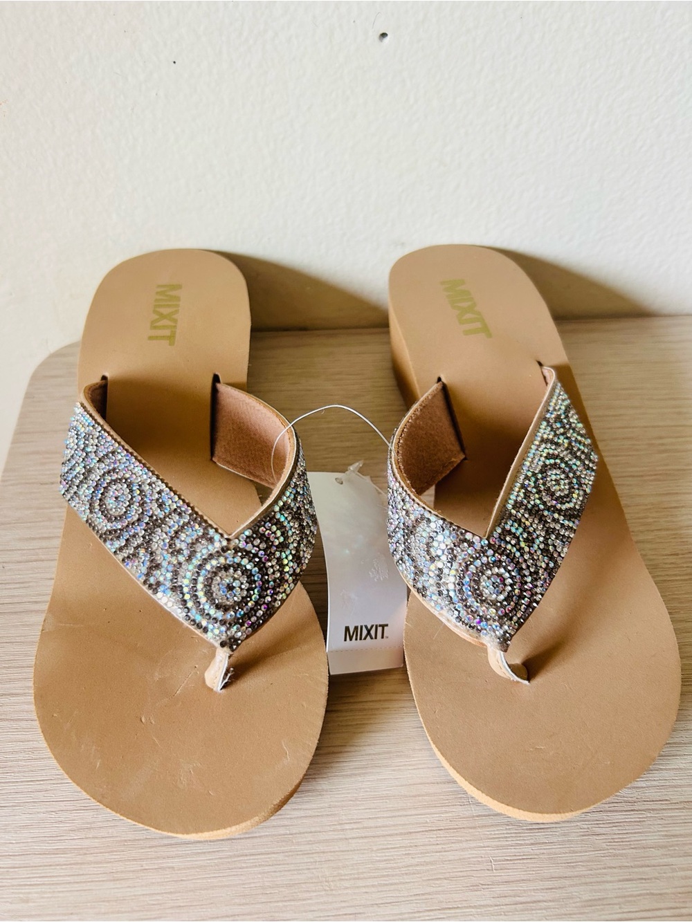 Mixit Tan Beaded V‑Strap Sandals with Iridescent Crystals